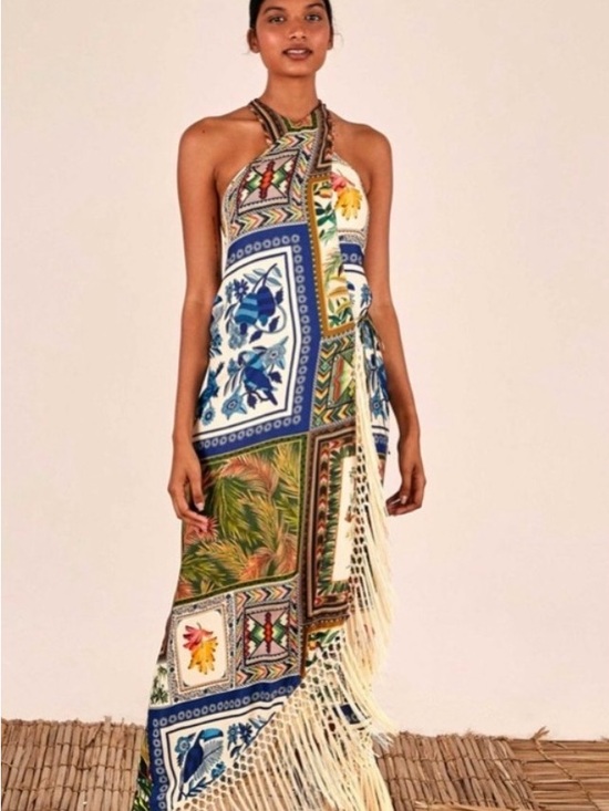 FARM Rio Dresses & Skirts - FARM Rio Multicolor Patchwork Halter Midi Dress with Fringe